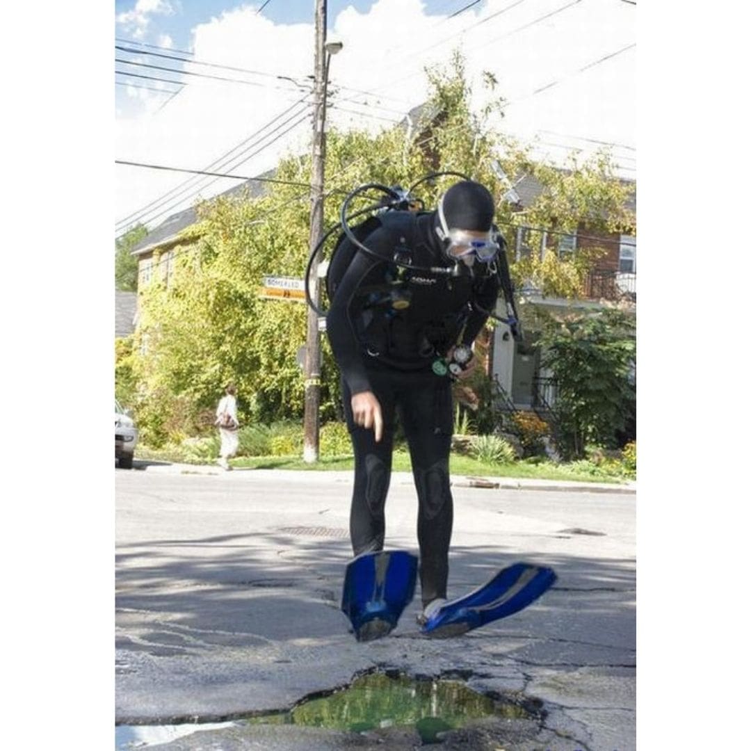 Scuba Diver jumping in road funny scuba diving meme